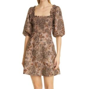Ganni Floral Puff Sleeve Organic Cotton Poplin Mini Dress Brown